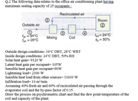 Q.2 The following data relates to the office air conditioning plant having
maximum seating capacity of 25 occupants :
Recirculated air
Room
Outside air
4)
to = 34°C
tm = 28°C
ta2 = 24°C
$2 = 50%
Mixing
Coil
Outside design conditions: 34°C DBT, 28°C WBT
Inside design conditions: 24°C DBT, 50% RH
Solar heat gain= 9120 W
Latent heat gain per occupant= 105w
Sensible heat gain per occupant=90w
Lightening load= 2300 W
Sensible heat load from other sources= 11630 W
Infiltration load= 14 m³/min
Assuming 40% fresh air and 60% of recirculated air passing through the
evaporator coil and the by-pass factor of 0.15.
Draw the process on psychrometric chart and find the dew point temperature of the
coil and capacity of the plant.
