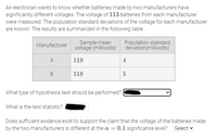 An electrician wants to know whether batteries made by two manufacturers have significantly different voltages. The voltage of 113 batteries from each manufacturer were measured. The population standard deviations of the voltage for each manufacturer are known. The results are summarized in the following table.

| Manufacturer | Sample mean voltage (millivolts) | Population standard deviation (millivolts) |
|--------------|------------------------------------|--------------------------------------------|
| A            | 119                                | 4                                          |
| B            | 118                                | 5                                          |

1. **What type of hypothesis test should be performed?**  
   Two-sample z-test (unfilled dropdown).

2. **What is the test statistic?**  
   (unfilled text box)

3. **Does sufficient evidence exist to support the claim that the voltage of the batteries made by the two manufacturers is different at the \( \alpha = 0.1 \) significance level?**  
   (unfilled dropdown)