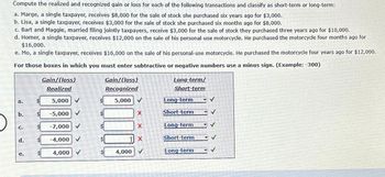 Compute the realized and recognized gain or loss for each of the following transactions and classify as short-term or long-term:
a. Marge, a single taxpayer, receives $8,000 for the sale of stock she purchased six years ago for $3,000.
b. Lisa, a single taxpayer, receives $3,000 for the sale of stock she purchased six months ago for $8,000.
c. Bart and Maggie, married filing jointly taxpayers, receive $3,000 for the sale of stock they purchased three years ago for $10,000.
d. Homer, a single taxpayer, receives $12,000 on the sale of his personal-use motorcycle. He purchased the motorcycle four months ago for
$16,000.
e. Mo, a single taxpayer, receives $16,000 on the sale of his personal-use motorcycle. He purchased the motorcycle four years ago for $12,000.
For those boxes in which you must enter subtractive or negative numbers use a minus sign. (Example: -300)
P
b.
C₂
d.
e.
$ 5,000
6969
Gain/(loss)
Realized
69
-5,000
-7,000
-4,000
4,000
Gain/(loss)
Recognized
$ 5,000
4,000
X
X
Long-term/
Short-term
Long-term
Short-term
Long-term
Short-term
Long-term
P