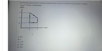 For the heat pump (used for heating) illustrated below, what is its coefficient of performance for heating.
Ag? The gas is monatomic.
p(Pa)
6
A. 8/3
B. 2
C. 11/3
D. 14/3
E. 19/7
2
V(m³)
34