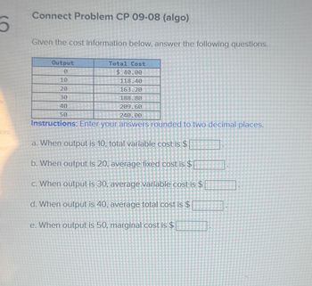 Б
ces
Connect Problem CP 09-08 (algo)
Given the cost information below, answer the following questions.
Output
0
10
20
30
40
50
Total Cost
$ 40.00
118.40
163.20
188.80
209.60
240.00
Instructions: Enter your answers rounded to two decimal places.
a. When output is 10, total variable cost is $
b. When output is 20, average fixed cost is $
c. When output is 30, average variable cost is $
d. When output is 40, average total cost is $
e. When output is 50, marginal cost is $