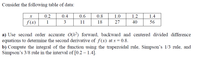 Consider the following table of data:
0.2
0.4
0.6
0.8
1.0
1.2
1.4
f (x)
1
3
11
18
27
40
56
a) Use second order accurate O(h?) forward, backward and centered divided difference
equations to determine the second derivative of f(x) at x = 0.8.
b) Compute the integral of the function using the trapezoidal rule, Simpson's 1/3 rule, and
Simpson's 3/8 rule in the interval of [0.2 – 1.4].
