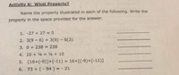 Activity 6: What Property?
Name the property illustrated in each of the following. Write the
property In the space provided for the answer.
1. -27 + 27 = 0
2. 3(9 - 6) = 3(9) - 6(3)
%3D
3. 0 + 238 = 238
4. 10 + 8 = 8 + 10
5. [16+(-9)]+(-11) = 16+[(-9)+(-11)]
6. 73 + (- 94 ) = - 21
%3D
%3D
