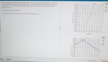 Suppose the figure illustrates the long-run average cost curve (AC) and the marginal cost curve (MC) for
a representative firm in a perfectly competitive market. Assume all firms in the industry have the same
cost structure. The other figure illustrates the market, with a market supply curve (S) and a market
demand curve (D).
n 3
How many firms are there initially?
The industry has firms. (Enter your response as an integer value.)
pages Grapher
ayer.aspx?cultureld=en-us&theme=econ&style=highered&disableStandhulpdiut
@
Price (dollars per unit)
Price (dollars per unit)
64.00
60.00-
56.00
52.00-
48.00
44.00
40.00
36.00
32.00
28.00-
24.00
20.00-
16.00-
12.00-
8.00
4.00
0.00
64.00
60.00
56.00-
52.00
48.00-
44.00-
40.00-
36.00
32.00
28.00
24.00
20.00
16.00
0
1 2
Quantity
S
MC
Clear all
9
D
AC
10
Q
Q
Q
G