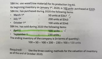 SBA Inc. use wood (raw material) for its production line #2.
Its beginning inventory on January 1st, 2020, is 100 units purchased at $320.
SBA Inc. has purchased during 2020 the following items:
March 1st
50 units at $347 ✓
July 1st
200 units at $343
October 1st
100 units at $346
SBA Inc. has sold during 2020 the following items:
✓
●
●
●
.
:
●
:
April 1
100 units
September 1
230 units
The ending inventory of the company is (in terms of quantity) :
100 + 50 100 + 200 230 + 100 = 120 units
:
Required:
as of the end of October 2020.
Use the three costing methods for the valuation of inventory