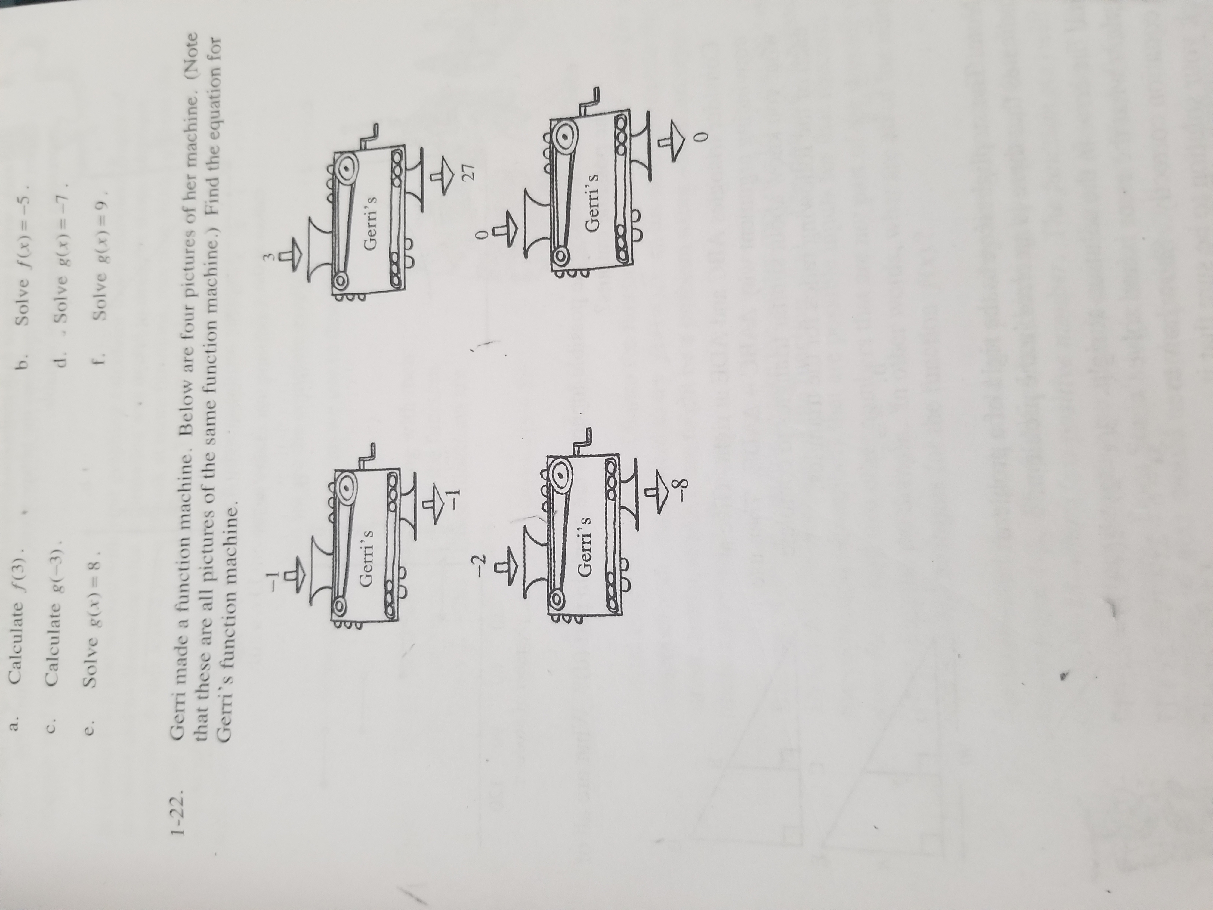 Gerri made a function machine. Below are four pictures of her machine. (Note
that these are all pictures of the same function machine.) Find the equation for
Gerri's function machine.
1-22.
3
Gerri's
Gerri's
27
Gerri's
Gerri's
8-
