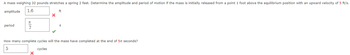 A mass weighing 32 pounds stretches a spring 2 feet. Determine the amplitude and period of motion if the mass is initially released from a point 1 foot above the equilibrium position with an upward velocity of 5 ft/s.
amplitude 1.6
period
EIN
2
X
X
ft
How many complete cycles will the mass have completed at the end of 57 seconds?
5
cycles