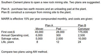 Southern Cement plans to open a new rock mining site. Two plans are suggested.
Plan A: purchase two earth movers and an unloading pad at the plant.
Plan B: construct a conveyor from mining site to the plant.
MARR is effective 15% per year compounded monthly, and costs are given:
Plan A
First cost, $
Annual Operating cost,
Salvage value,
Life, years
Mover
45,000
6,000
5,000
8
Compare two plans using AW method.
Pad
28,000
300
2,000
12
Plan B
Conveyor
175,000
2,500
10,000
24