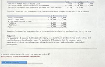 Direct materials
Direct labor cost
Actual machine-hours used:
Molding
Fabrication
Total
Estimated total machine-hours used
Estimated total fixed manufacturing overhead
Estimated variable manufacturing overhead per machine-hour
The direct materials cost, direct labor cost, and machine-hours used for Jobs P and Q are as follows:
Job P
$ 25,000
$ 30,600
Molding
2,500
$ 13,000
$ 2.60
2,900
1,800
4,700
5. What is the total manufacturing cost assigned to Job Q?
Note: Do not round intermediate calculations.
Total manufacturing cost
Job Q
$ 14,000
$ 12,300
Fabrication
1,500
$ 16,800
$ 3.40
2,000
2,100
4,100
Total
Sweeten Company had no overapplied or underapplied manufacturing overhead costs during the year.
4,000
$ 29,800
Required:
For questions 1-8, assume that Sweeten Company uses a plantwide predetermined overhead rate with
machine-hours as the allocation base. For questions, 9-15, assume that the company uses
predetermined departmental overhead rates with machine-hours as the allocation base in both
departments.