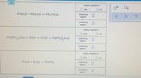 redox reaction?
O yes
no
HCI(a q) + NH,(aq) – NH,CI(aq)
reducing
agent:
oxidizing
agent:
redox reaction?
O yes
O no
3 C(NO,), (aq)
3 Cr(s) + 2AI(NO,), (aq)
2 Al(s)
reducing
agent:
oxidizing
agent:
redox reaction?
O yes
no
2Ca(s) + 0,(g) 2Ca0(s)
reducing
agent:
oxidizing
agent:
