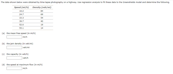 The data shown below were obtained by time-lapse photography on a highway. Use regression analysis to fit these data to the Greenshields model and determine the following.
Speed (mi/h) Density (veh/mi)
84
16.2
24.7
69
33.3
54
39.7
40
52.0
19
55.1
14
(a) the mean free speed (in mi/h)
mi/h
(b) the jam density (in veh/mi)
veh/mi
(c) the capacity (in veh/h)
veh/h
(d) the speed at maximum flow (in mi/h)
mi/h