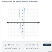 Which equation best matches the graph shown below?
10
8
6.
4
-10
-8
-6
-4
-2
2
4
6.
8
10
-2
-4
-6
-8
-10
O y = 5x? + 9x – 7.1
y = 5x? + 9x – 3
Submit Answer
O y = -5x2 + 9x – 7.1
O y = -5x² + 9x – 3
problem
