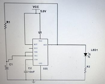 R1
C1
VCC
RST
DIS
THR
TRI
CON
C2
10nF
5.0V
VCC
GND
OUT
555
AA
R2
LED1