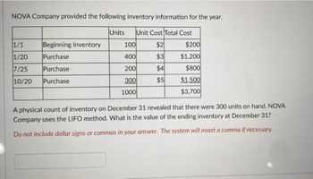 NOVA Company provided the following inventory information for the year.
Units
Unit Cost Total Cost
1/1
Beginning Inventory
100
$2
$200
1/20
Purchase
400
$3
$1,200
7/25
Purchase
200
$4
$800
10/20 Purchase
300
$5
$1.500
1000
$3,700
A physical count of inventory on December 31 revealed that there were 300 units on hand. NOVA
Company uses the LIFO method. What is the value of the ending inventory at December 31?
Do not include dollar signs or commas in your answer. The system will insert a comma if necessary.