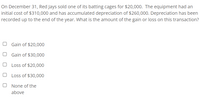 On December 31, Red Jays sold one of its batting cages for $20,000. The equipment had an
initial cost of $310,000 and has accumulated depreciation of $260,000. Depreciation has been
recorded up to the end of the year. What is the amount of the gain or loss on this transaction?
Gain of $20,000
Gain of $30,000
Loss of $20,000
Loss of $30,000
None of the
above
