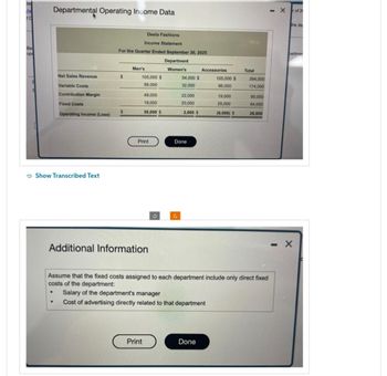 Del
he
TO
Be
op
Departmental Operating Income Data
Show Transcribed Text
Net Sales Revenue
Variable Costs
Contribution Margin
Fixed Costs
Operating Income (Loss)
.
.
For the Quarter Ended September 30, 2025
Department
Women's
$
$
Men's
Deela Fashions
Income Statement
105,000 $
56,000
Additional Information
49,000
19,000
30,000 $
Print
Print
54,000 $
32,000
22,000
20,000
2,000 $
Done
Accessories
Salary of the department's manager
Cost of advertising directly related to that department
Done
105,000 $
86,000
Assume that the fixed costs assigned to each department include only direct fixed
costs of the department:
19,000
25,000
(6,000) $
Total
264,000
174,000
90,000
64,000
26,000
-X of 21
the de
bartmen
- X