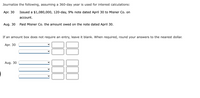 Journalize the following, assuming a 360-day year is used for interest calculations:
Apr. 30
Issued a $1,080,000, 120-day, 9% note dated April 30 to Misner Co. on
account.
Aug. 30
Paid Misner Co. the amount owed on the note dated April 30.
If an amount box does not require an entry, leave it blank. When required, round your answers to the nearest dollar.
Apr. 30
Aug. 30
