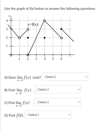 Use the graph of f(x) below to answer the following questions:
y
4
N
y=f(x)
3
C) Find lim f(x)
x→3
A) Does lim f(x) exist? [Select]
x 4
B) Find lim f(x). [Select]
x→2+
4
D) Find f(6). [
[Select]
[Select]
5