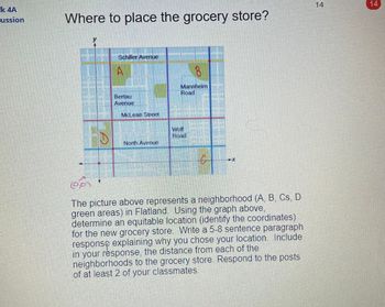 k 4A
cussion
Where to place the grocery store?
Schiller Avenue
AI
Bertau
Avenue
McLean Street
North Avenue
8
Mannheim
Road
Woll
és
The picture above represents a neighborhood (A, B, Cs, D
green areas) in Flatland. Using the graph above,
determine an equitable location (identify the coordinates)
for the new grocery store. Write a 5-8 sentence paragraph
responso explaining why you chose your location. Include
in your response, the distance from each of the
neighborhoods to the grocery store. Respond to the posts
of at least 2 of your classmates