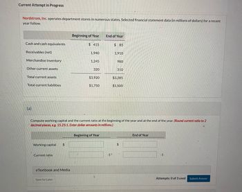 Current Attempt in Progress
Nordstrom, Inc. operates department stores in numerous states. Selected financial statement data (in millions of dollars) for a recent
year follow.
Cash and cash equivalents
Receivables (net)
Merchandise inventory
Other current assets
Total current assets
Total current liabilities
(a)
Working capital $
Current ratio
eTextbook and Media
Beginning of Year
Save for Later
$415
1,940
HA
1,245
320
$3,920
$1,750
Beginning of Year
End of Year
Compute working capital and the current ratio at the beginning of the year and at the end of the year. (Round current ratio to 2
decimal places, e.g. 15.25:1. Enter dollar amounts in millions.)
$85
:1
1,910
980
310
$3,285
$1,500
$
End of Year
Attempts: 0 of 3 used
Submit Answer