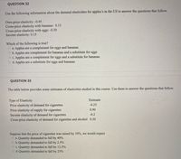 QUESTION 32
Use the following information about the demand elasticities for apples's in the US to answer the questions that follow.
Own-price elasticity: -0.45
Cross-price elasticity with bananas: 0.15
Cross-price elasticity with eggs: -0.30
Income elasticity: 0.15
Which of the following is true?
O a. Apples are a complement for eggs and bananas
O b. Apples are complement for bananas and a substitute for eggs
O C. Apples are a complement for eggs and a substitute for bananas.
O d. Apples are a substitute for eggs and bananas
QUESTION 33
The table below provides some estimates of elasticities studied in this course. Use them to answer the questions that follow.
Estimate
Type of Elasticity
Price elasticity of demand for cigarettes
-0.25
Price elasticity of supply for cigarettes
0.90
Income elasticity of demand for cigarettes
-0.2
Cross-price elasticity of demand for cigarettes and alcohol 0.30
Suppose that the price of cigarettes was raised by 10%, we would expect
O a. Quantity demanded to fall by 40%
O b.Quantity demanded to fall by 2.5%
Oc. Quantity demanded to fall by 12.5%
O d.Quantity demanded to fall by 25%
