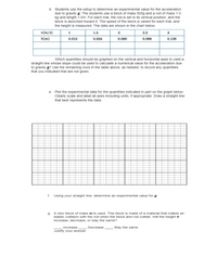 d. Students use the setup to determine an experimental value for the acceleration
due to gravity g. The students use a block of mass 500g and a rod of mass 1.0
kg and length 1.0m. For each trial, the rod is set in its vertical position, and the
block is launched toward it. The speed of the block is varied for each trial, and
the height is measured. The data are shown in the chart below.
v(m/s)
1.5
2
2.5
3
h(m)
0.015
0.034
0.060
0.096
0.138
Which quantities should be graphed on the vertical and horizontal axes to yield a
straight line whose slope could be used to calculate a numerical value for the acceleration due
to gravity g? Use the remaining rows in the table above, as needed, to record any quantities
that you indicated that are not given.
e. Plot the experimental data for the quantities indicated in part on the graph below.
Clearly scale and label all axes including units, if appropriate. Draw a straight line
that best represents the data.
1 Using your straight line, determine an experimental value for g.
g. A new block of mass m is used. This block is made of a material that makes an
elastic collision with the rod when the block and rod collide. WilIl the height h
increase, decrease, or stay the same?
Increase
Justify your answer.
Decrease
Stay the same
