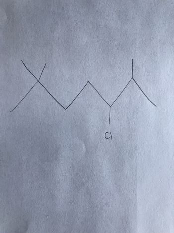 **Structure of 3-Chloropentane**

The image depicts the structure of an organic molecule, specifically 3-Chloropentane. This is a structural formula diagram, which helps represent the arrangement of atoms within the molecule.

### Diagram Explanation:

- **Carbon Backbone**: The zigzag line represents the carbon chain with each vertex (and ends) implying a carbon atom unless otherwise specified. This typical skeletal formula representation is common for organic molecules. 
- **Chlorine Atom**: The label "Cl" denotes a chlorine atom bonded to the third carbon in the chain, which distinguishes 3-Chloropentane from other isomers.
- **Hydrogen Atoms**: Hydrogen atoms are not explicitly shown, but it's understood that each carbon atom will have enough hydrogen atoms to satisfy the carbon's four bonding sites.

Understanding this structure is crucial for studying organic chemistry as it helps in recognizing how molecules interact, react, and transform in chemical reactions.