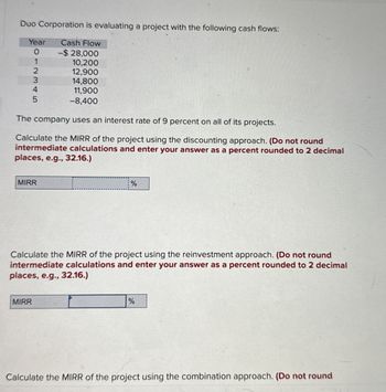 Duo Corporation is evaluating a project with the following cash flows:
Year
Cash Flow
-$ 28,000
012345
10,200
12,900
14,800
11,900
-8,400
The company uses an interest rate of 9 percent on all of its projects.
Calculate the MIRR of the project using the discounting approach. (Do not round
intermediate calculations and enter your answer as a percent rounded to 2 decimal
places, e.g., 32.16.)
MIRR
%
Calculate the MIRR of the project using the reinvestment approach. (Do not round
intermediate calculations and enter your answer as a percent rounded to 2 decimal
places, e.g., 32.16.)
MIRR
%
Calculate the MIRR of the project using the combination approach. (Do not round