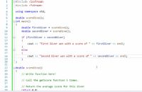 ```cpp
#include <iostream>
#include <fstream>

using namespace std;

double scoreDive();

int main()
{
    double firstDiver = scoreDive();
    double secondDiver = scoreDive();

    if (firstDiver > secondDiver)
    {
        cout << "First Diver won with a score of " << firstDiver << endl;
    }
    else
    {
        cout << "Second Diver won with a score of " << secondDiver << endl;
    }
}

double scoreDive()
{
    // Write function here!
    // Call the getScore function 5 times.
    // Return the average score for this diver
    return 0.0;
}
```

### Explanation:

This C++ program is designed to compare the scores of two divers and declare the winner based on their average scores. Key aspects include:

1. **Headers**: The program includes the `<iostream>` and `<fstream>` headers, enabling input-output stream functionalities.

2. **Namespace**: The `std` namespace is used, so you can use elements like `cout` without prefixing with `std::`.

3. **Function Declaration**: 
   - `double scoreDive();` is a function prototype, indicating that this function calculates scores for a diver.

4. **Main Function**:
   - Calls `scoreDive()` to get scores for `firstDiver` and `secondDiver`.
   - Uses an `if-else` statement to compare the scores and outputs which diver won along with their score.

5. **scoreDive Function**:
   - Contains placeholder comments indicating where to implement the logic for:
     - Calling a `getScore` function five times.
     - Calculating and returning the average score for this diver.
   - Currently returns `0.0` as a stub.

The program logic needs completion in the `scoreDive()` function to calculate real scores for meaningful output.