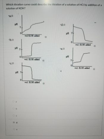 Which titration curve could describe the titration of a solution of HCI by addition of a
solution of KOH?
'a.a
¹b.¤
'c.a
PH
pH
a
b
Oc
pH 7+
P
7
e
0
7
0
0
vol KOH added
vol. KOH added
vol. KOH added
P
D
'd.a
¹e.¤
pH 7
pH
0
7
vol. KOH added
vol. KOH added
¤