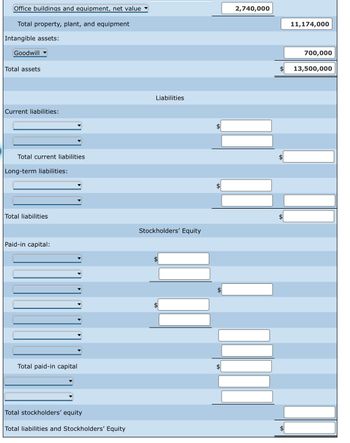 Office buildings and equipment, net value
Total property, plant, and equipment
Intangible assets:
Goodwill
Total assets
Current liabilities:
Total current liabilities
Long-term liabilities:
Total liabilities
Paid-in capital:
Total paid-in capital
Total stockholders' equity
Total liabilities and Stockholders' Equity
Liabilities
Stockholders' Equity
$
2,740,000
11,174,000
700,000
13,500,000