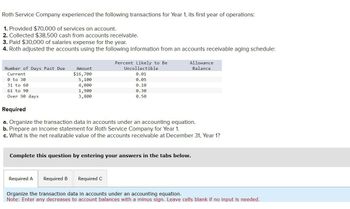 Roth Service Company experienced the following transactions for Year 1, its first year of operations:
1. Provided $70,000 of services on account.
2. Collected $38,500 cash from accounts receivable.
3. Paid $30,000 of salaries expense for the year.
4. Roth adjusted the accounts using the following information from an accounts receivable aging schedule:
Percent Likely to Be
Number of Days Past Due
Amount
Uncollectible
Current
$16,700
0.01
0 to 30
5,100
0.05
31 to 60
4,000
0.10
61 to 90
1,900
0.30
Over 90 days
3,800
0.50
Required
Allowance
Balance
a. Organize the transaction data in accounts under an accounting equation.
b. Prepare an income statement for Roth Service Company for Year 1.
c. What is the net realizable value of the accounts receivable at December 31, Year 1?
Complete this question by entering your answers in the tabs below.
Required A
Required B Required C
Organize the transaction data in accounts under an accounting equation.
Note: Enter any decreases to account balances with a minus sign. Leave cells blank if no input is needed.