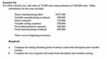 Exercise 9-6
For 20x4, Nichols, Inc. had sales of 75,000 units and production of 100,000 units. Other
information for the year included:
a.
Direct manufacturing labor
Variable manufacturing overhead
Direct materials
Required:
b.
Variable selling expenses
Fixed administrative expenses
Fixed manufacturing overhead
There was no beginning inventory.
$187,500
100,000
150,000
100,000
100,000
200,000
Compute the ending finished goods inventory under both absorption and variable
costing.
Compute the cost of goods sold under both absorption and variable costing.