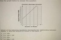 Use the graph below to answer the question.
Connie's Savings Account
75
70
65
60
a ss
45
40
35
30
25
20
10
Number of Weeks
Which of the following equations represents the relationship between
weeks, x, and the amount of money in the bank, y
y- 15x
y- 15x + 25
y- 25x
<- 25x + 15
Amount of Money in Bank
