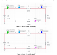 PR1
PR2
PR3
v 30.000V
R1
i 150.00mA
1
30.000V
v 26.250V
252
V1
R2
752
30V
PR4
R3
v 15,000V
1002
Figure 2. Series Circuit Design R23
PR1 v 30.000V
PR2
v 30.000V
PR3
v 20.000V
R1
i 1.0000A
1
2
102
V1
R2
102
PR4,
v 10.000V
30V
R3
102
Figure 3. Series Circuit Design R'
