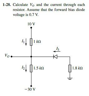 1-28. Calculate Vo and the current through each
resistor. Assume that the forward bias diode
voltage is 0.7 V.
Vo
10 V
4401k
121.5kQ
-30 V
13
KH
1.8 ΚΩ