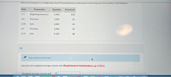 Waterway Company is a multiproduct firm. Presented below is information concerning one of its products, the Hawkeye
Date
1/1
2/4
2/20
4/2
11/4
(a)
Beginning inventory
Purchase
Sale
Transaction
Purchase
Sale
Your answer is incorrect.
Quantity Price/Cost
2,900
Weighted average cost per unit
3,900
4,400
4,900
4.100
$18
26
44
34
48
Calculate the weighted-average cost per unit. (Round answer to 4 decimal places, eg. 2.7613)