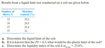 Results from a liquid limit test conducted on a soil are given below.
Number of
blows, N
12
19
27
37
Moisture
content (%)
35.2
29.5
25.4
21
a. Determine the liquid limit of the soil.
b. If it is known that the PI = 6.5, what would be the plastic limit of the soil?
C. Determine the liquidity index of the soil if w = 23.8%
in situ