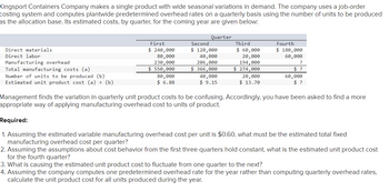 Kingsport Containers Company makes a single product with wide seasonal variations in demand. The company uses a job-order
costing system and computes plantwide predetermined overhead rates on a quarterly basis using the number of units to be produced
as the allocation base. Its estimated costs, by quarter, for the coming year are given below:
Direct materials
Direct labor
Manufacturing overhead
Total manufacturing costs (a)
Number of units to be produced (b)
Estimated unit product cost (a) (b)
First
$ 240,000
80,000
230,000
$ 550,000
80,000
$6.88
Quarter
Second
$ 120,000
40,000
206,000
$366,000
40,000
$ 9.15
Third
$ 60,000
20,000
194,000
$274,000
20,000
$ 13.70
Fourth
$ 180,000
60,000
?
$ ?
60,000
$ ?
Management finds the variation in quarterly unit product costs to be confusing. Accordingly, you have been asked to find a more
appropriate way of applying manufacturing overhead cost to units of product.
Required:
1. Assuming the estimated variable manufacturing overhead cost per unit is $0.60, what must be the estimated total fixed
manufacturing overhead cost per quarter?
2. Assuming the assumptions about cost behavior from the first three quarters hold constant, what is the estimated unit product cost
for the fourth quarter?
3. What is causing the estimated unit product cost to fluctuate from one quarter to the next?
4. Assuming the company computes one predetermined overhead rate for the year rather than computing quarterly overhead rates,
calculate the unit product cost for all units produced during the year.