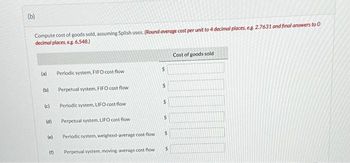 (b)
Compute cost of goods sold, assuming Splish uses: (Round average cost per unit to 4 decimal places, eg. 2.7631 and final answers to O
decimal places, eg. 6,548)
(a) Periodic system, FIFO cost flow
(b)
(c)
(d)
(e)
(f)
Perpetual system, FIFO cost flow
Periodic system, LIFO cost flow
Perpetual system, LIFO cost flow.
Periodic system, weighted-average cost flow
Perpetual system, moving-average cost flow
$
$
$
$
Cost of goods sold