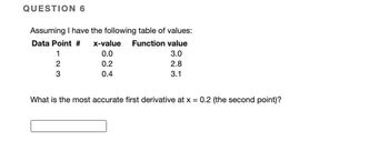 QUESTION 6
Assuming I have the following table of values:
Data Point # x-value Function value
1
0.0
3.0
2
0.2
2.8
3
0.4
3.1
What is the most accurate first derivative at x = 0.2 (the second point)?