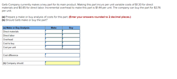 ### Gelb Company Make or Buy Analysis

**Background:**
Gelb Company currently produces a key component for its primary product. The costs associated with producing this part internally include direct materials, direct labor, and incremental overhead. Alternatively, the company has the option to purchase the part from an external supplier.

**Cost Analysis Details:**

- **Internal Production Costs:**
  - Direct materials: $1.30 per unit
  - Direct labor: $0.85 per unit
  - Incremental overhead: $1.44 per unit

- **External Purchase Cost:**
  - Cost to buy the part: $3.76 per unit

**Decision-Making Task:**
(a) Conduct a make or buy analysis by comparing the detailed costs for both options. (Round answers to 2 decimal places.)
(b) Determine whether Gelb should continue making the part internally or opt to purchase it.

**Cost Comparison Framework:**

| (a) Make or Buy Analysis | Make | Buy |
|--------------------------|------|-----|
| Direct materials         |      |     |
| Direct labor             |      |     |
| Overhead                 |      |     |
| Cost to buy              |      |     |
| **Cost per unit**        |      |     |
| **Cost difference**      |      |     |

**Recommendation:**
(b) Based on the completed analysis, provide a recommendation on whether the company should make or buy the part.