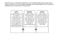 Since the country is still primarily dependent on non-renewable energy resource (coal), what
actions as citizen you can do to support sustainable use of energy? Below is an IPO model that
represents how you will become a "Power Filipino".
INPUT
PROCESS
OUTPUT
What personal
project/program you
can create for
sustainable use of
energy? The project
may be done in
school, at home and
in the community.
Cite the objectives of
your initiative. (e.g.
OplanTipidKuryente)
What are the
What are the
different strategies
and activities you
success indicators
(expected outcomes)
can do to attain
that can be achieved
your objectives. (e.g.
Set a meeting with
barangay officials
for the seminar
workshop on
OplanTipidKuryente)
when the strategies
and activities are
accomplished? (e.g.
Reduced Electricity
Consumption or
Electric Bill)
