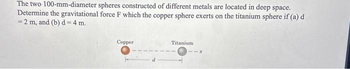 The two 100-mm-diameter spheres constructed of different metals are located in deep space.
Determine the gravitational force F which the copper sphere exerts on the titanium sphere if (a) d
= 2 m, and (b) d = 4 m.
Copper
Titanium