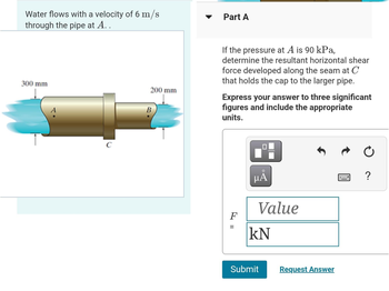 Water flows with a velocity of 6 m/s
through the pipe at A..
300 mm
с
200 mm
B
Part A
If the pressure at A is 90 kPa,
determine the resultant horizontal shear
force developed along the seam at C
that holds the cap to the larger pipe.
Express your answer to three significant
figures and include the appropriate
units.
F
=
μÅ
Value
KN
Submit
Request Answer
?