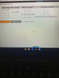 lete the following tables.
Molecules in Sample
Total Atoms in Sample
Mass of Sample Moles of Sample

