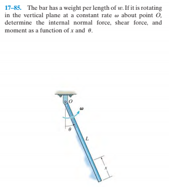 17-85. The bar has a weight per length of w. If it is rotating
in the vertical plane at a constant rate w about point 0,
determine the internal normal force, shear force, and
moment as a function of x and 0.
