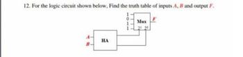 12. For the logic circuit shown below. Find the truth table of inputs A, B and output F.
HA
TTTT
Mux
21 20