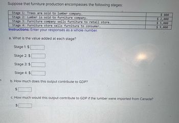 S
Suppose that furniture production encompasses the following stages:
Stage 1: Trees are sold to lumber company.
Stage 2: Lumber is sold to furniture company.
Stage 3: Furniture company sells furniture to retail store.
Stage 4: Furniture store sells furniture to consumer.
Instructions: Enter your responses as a whole number.
a. What is the value added at each stage?
Stage 1: $
Stage 2: $
Stage 3: $
Stage 4: $
b. How much does this output contribute to GDP?
$
c. How much would this output contribute to GDP if the lumber were imported from Canada?
$
$800
$ 2,000
$5,000
$9,000