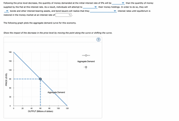 Following the price level decrease, the quantity of money demanded at the initial interest rate of 9% will be
supplied by the Fed at this interest rate. As a result, individuals will attempt to
bonds and other interest-bearing assets, and bond issuers will realize that they
restored in the money market at an interest rate of
%
The following graph plots the aggregate demand curve for this economy.
Show the impact of the decrease in the price level by moving the point along the curve or shifting the curve.
PRICE LEVEL
180
150
120
90
60
30
0
0
20
O
Aggregate Demand
40
60
80
OUTPUT (Billions of dollars)
100
than the quantity of money
their money holdings. In order to do so, they will
interest rates until equilibrium is
120
Aggregate Demand
(?)